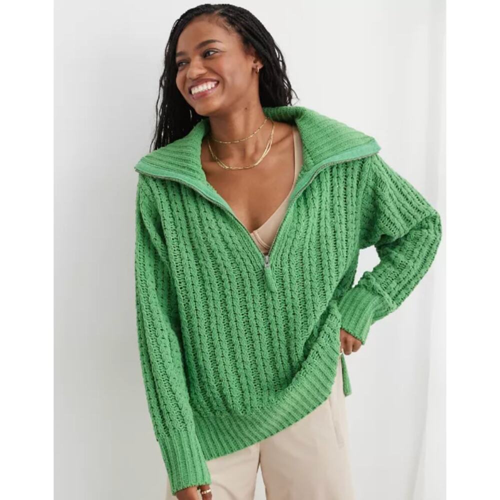 Aerie Oversized Cable Car Quarter Zip Green Sweater Size Small